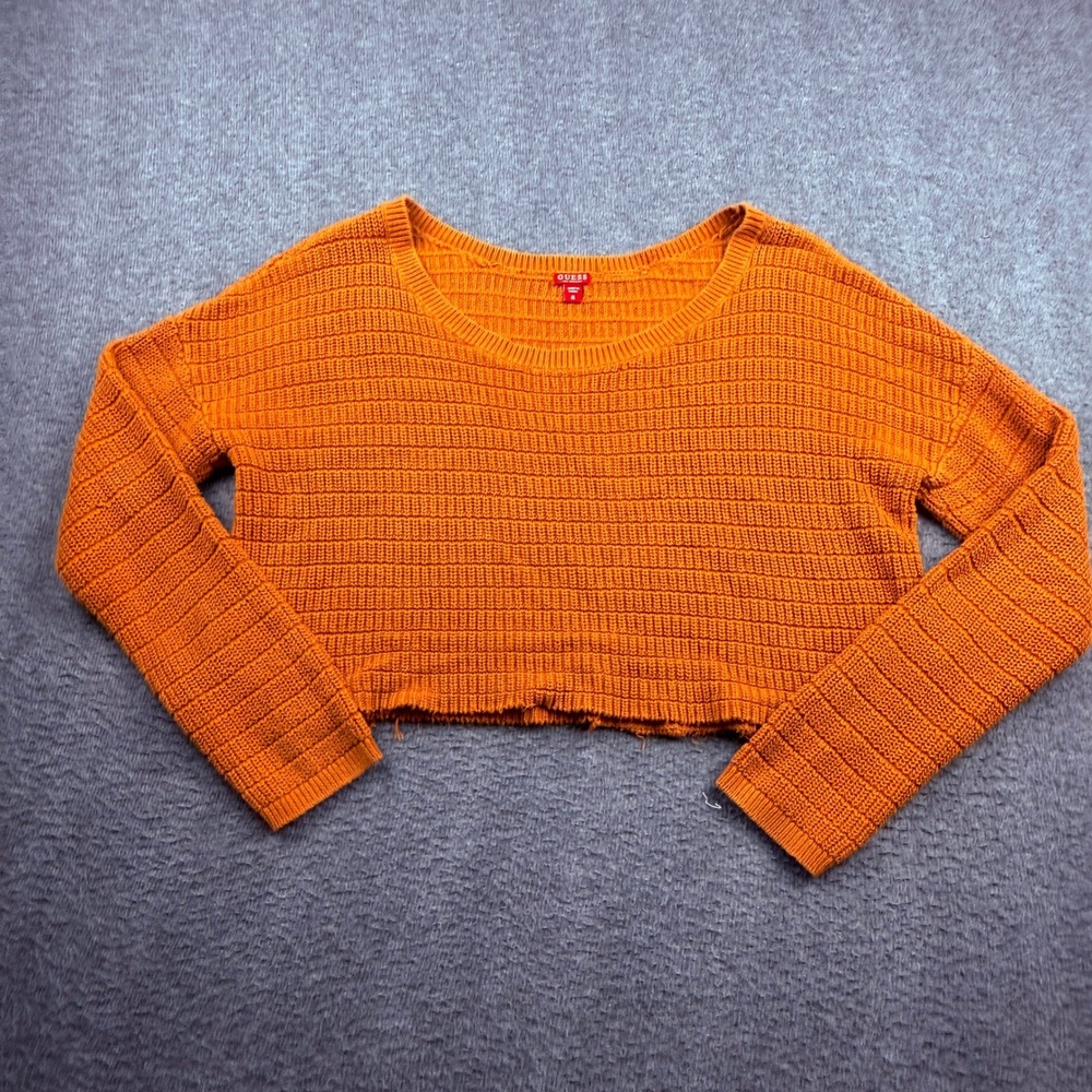GUESS Los Angeles Women Orange Cropped Knit Sweater Scoopβ Neck Raw Hem Size M